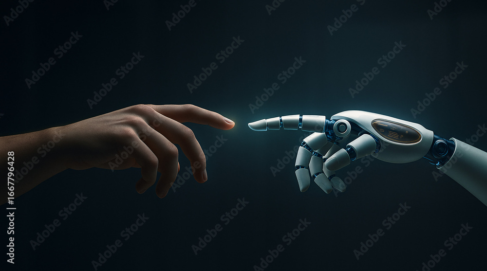Poster robot and human hands touching at a glowing point, symbolizing the connection and future of artifici