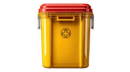 Yellow Medical Waste Bin with Red Lid on Black