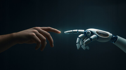 Robot and human hands touching at a glowing point, symbolizing the connection and future of artificial intelligence and humanity in a futuristic technology background.