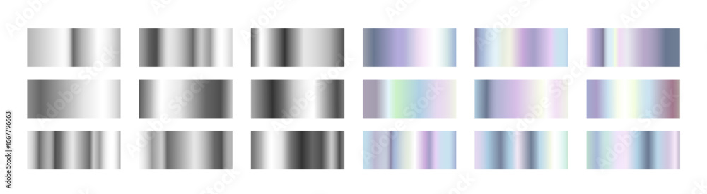 Poster metallic hologram frame collection with gradient transitions from silver chrome to iridescent rainbo