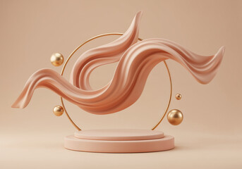 Abstract Beige and Gold Product Display: Elegant Minimalist 3D Render with Floating Fabric Drape and Geometric Elements.