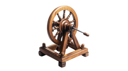 Antique wooden spinning wheel with spindle isolated on transparent background 