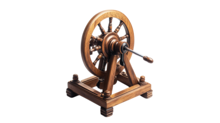 Antique wooden spinning wheel with spindle isolated on transparent background 