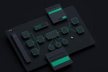 AI agent workflow automation shown on a visual node-based editor. Concept of no-code/low-code development platforms, process management, and artificial intelligence solutions.