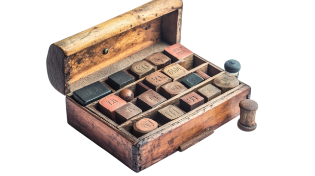 Antique wooden stamp holder with rubber stamps isolated on transparent background