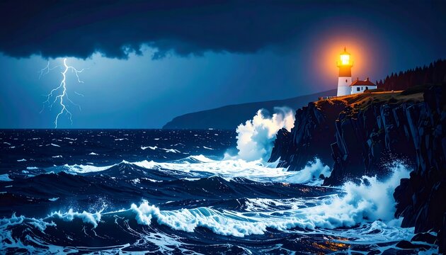 dark ocean with waves and fog there is a houselight night and dramatic at hightlight storm