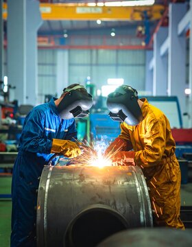 Two welders in protective gear working on a large metal part in a factory