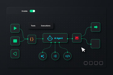 AI agent workflow automation shown on a visual node-based editor. Concept of no-code/low-code development platforms, process management, and artificial intelligence solutions.
