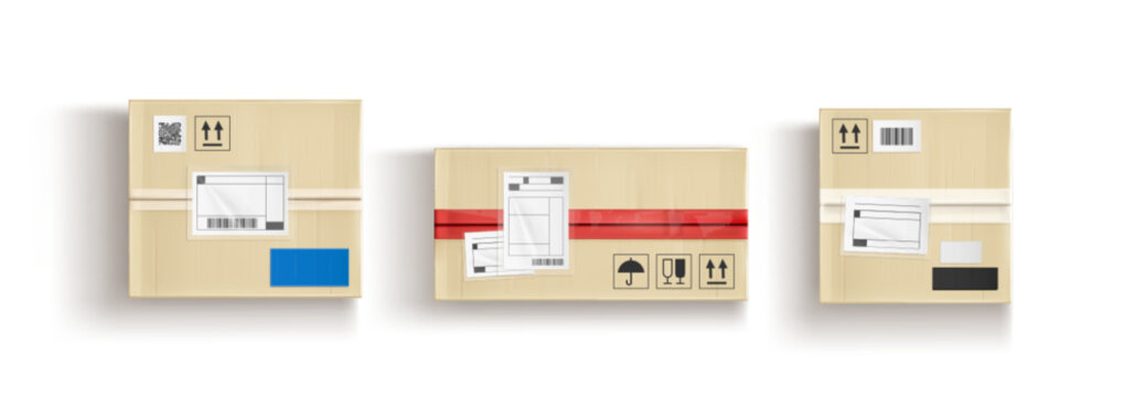 Cardboard box top view with shipping labels and colored tape sealing brown packages for delivery. Parcel surfaces with QR codes, handling icons and adhesive strips for e-commerce or postal logistic.