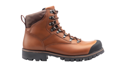 Brown leather hiking boots isolated on transparent background 