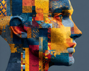 Abstract Human Head Composed of Colorful Puzzle Piecs. Generative AI