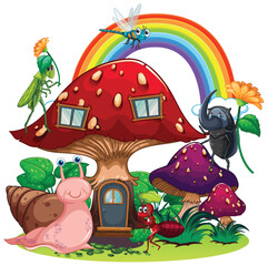 Fototapeta premium Whimsical Insect Gathering at Mushroom House
