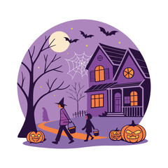 Mysterious Halloween night filled with witches, ghosts, pumpkins, and bats&mdash;creating the ultimate spooky atmosphere for seasonal designs, parties, and holiday decorations.
