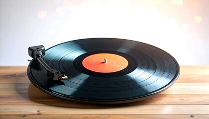 Vintage Vinyl Record Player with Black Disc on Wooden Surface.