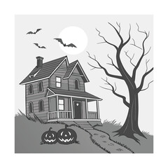 Halloween design featuring haunted houses, scary pumpkins, black cats, and flying witches&mdash;bringing spooky vibes, perfect for seasonal prints, parties, and ghostly fun celebrations