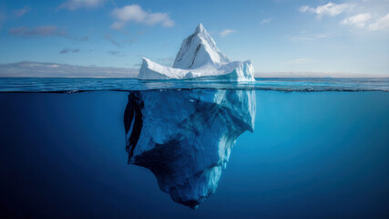 Stunning iceberg floating in the ocean, revealing its submerged form beneath the waves, a beautiful and dramatic seascape