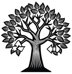 Black vintage tree silhouette with roots, a tribal decoration and seamless leaf pattern