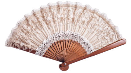 Old-fashioned hand fan with lace detail isolated on transparent background 