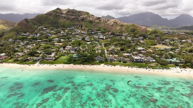 Aerial View of Lanikai Beach, Oahu Island, Hawaii USA. White Sand, Turquoise Ocean Water, Beachfront Buildings and Landscape