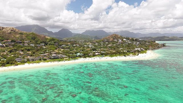 Drone Shot of LanikAI Beach, Picturesque Coastline of Oahu Island, Hawaii USA