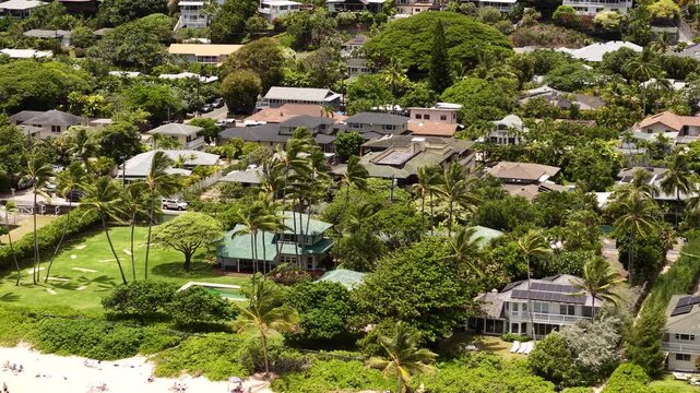 Drone Shot of Houses and Homes Along Lanikai Beach, Oahu Island, Hawaii USA