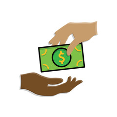 transaction icon. money. two hands giving and receiving banknotes. paying, economy, money. isometric design style