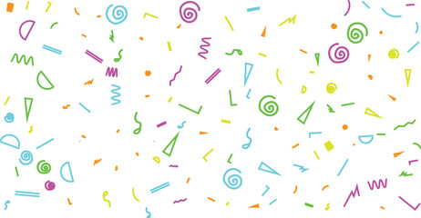 Colorful abstract shapes and confetti pattern on white background.
