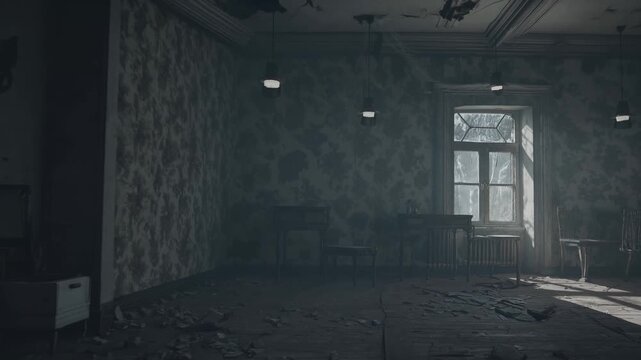 Gentle light streaming across crumbling walls, illuminating weathered space with floating dust, capturing desolate room's melancholic stillness and forgotten memories
