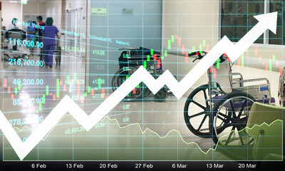 Stock financial index show successful investment on healthcare business and hospital industry with graph, chart and candlesticks data symbol on interior of hospital background.