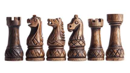 Retro wooden chess set with carved pieces isolated on transparent background