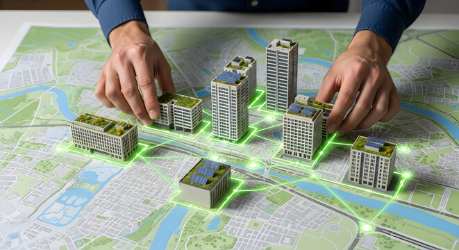 Urban planner arranges building models on a city map with a green energy grid