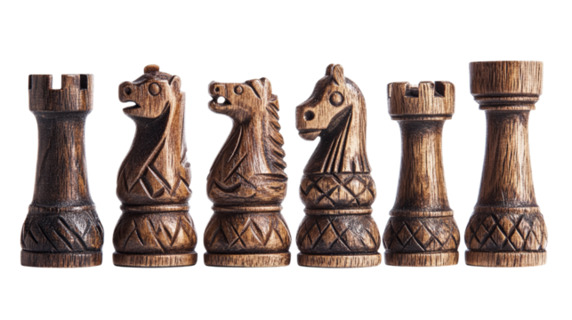 Retro wooden chess set with carved pieces isolated on transparent background 