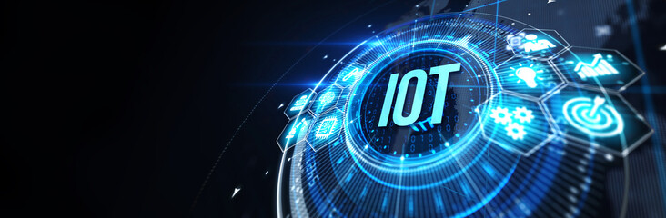 Internet of things - IOT concept. Businessman offer IOT products and solutions. The future of technology. Virtual screen of the future with the inscription: IOT. 3d illustration