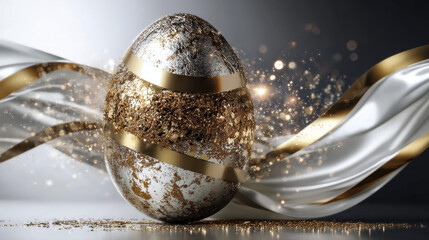 Fototapeta premium Happy Easter banner with gold glitter egg. Elegant vector illustration with a congratulation. Gold sparkles on white background, gold glitter background. 