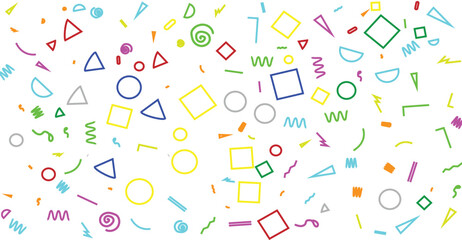 Colorful abstract geometric shapes scattered on a white background.