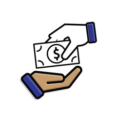 transaction icon. symbol of giving money. two hands giving and receiving banknotes. paying, economy, money. Mixed design style