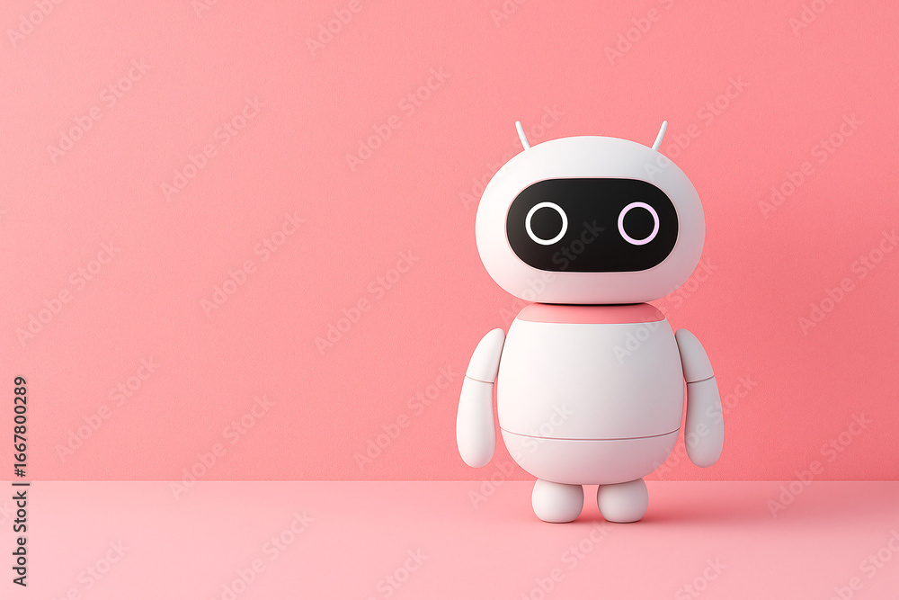 Poster cute white robot character or friendly chatbot on a pink background. 3d illustration of a modern ai 