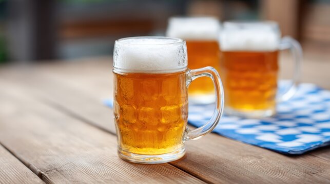 Refreshing beer in a clear glass mug sits on a wooden table, surrounded by additional mugs, evoking a festive atmosphere of celebration and camaraderie