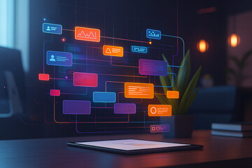 Futuristic hologram of a workflow flowchart projected from a tablet. Concept of business process management, data visualization, UI/UX design, and virtual interface technology in a modern office.