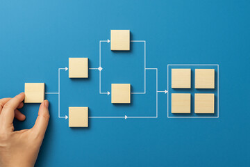 Hand building a flowchart with wooden blocks. Concept of business process management, workflow optimization, project planning, and building a structured system.
