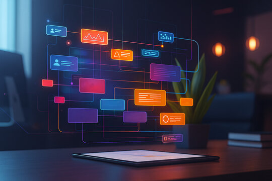Futuristic hologram of a workflow flowchart projected from a tablet. Concept of business process management, data visualization, UI/UX design, and virtual interface technology in a modern office.