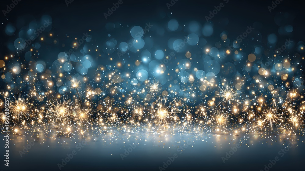 Aufkleber Sparkling Gold Glitter Bokeh Effect with Light Flare and Particle Reflection on Dark Background