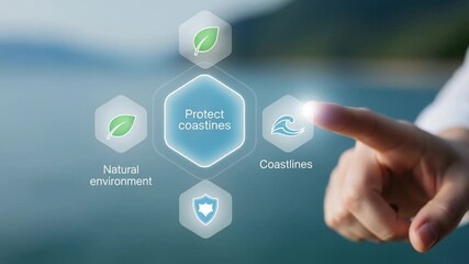 Finger pointing at protect coastlines icon with natural environment and coastline icons around - Powered by Adobe