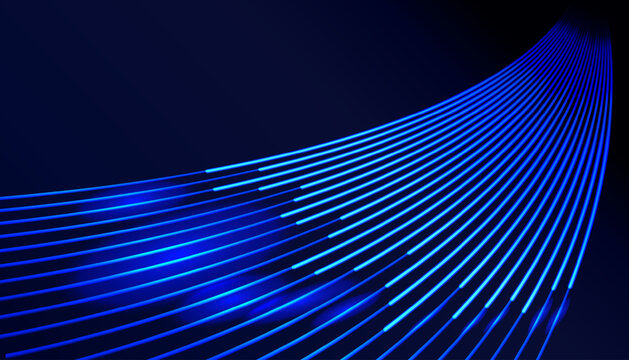 Abstract digital background with glowing blue lines representing data transfer, internet connection, and fiber optic technology on a dark backdrop.