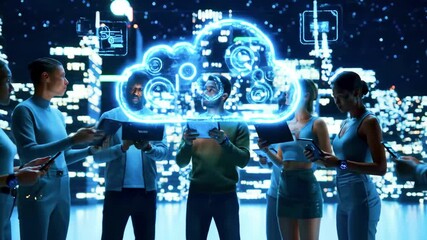 Group of diverse individuals collaborating on digital cloud technology in a futuristic cityscape at night - Powered by Adobe