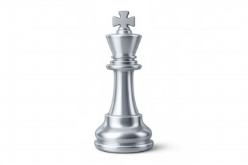 Metallic chess king towering on clear surface, symbolizing strategic leadership, competitive triumph in corporate world