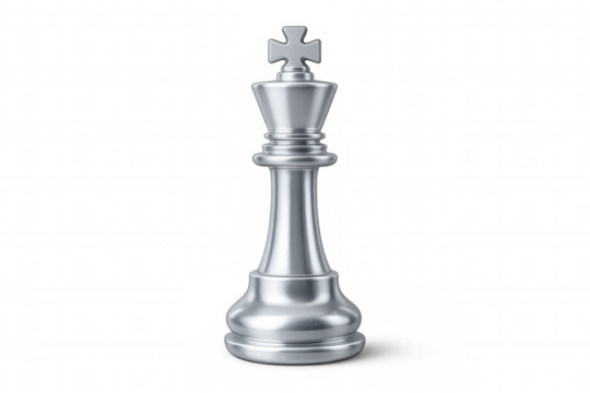 Metallic chess king towering on clear surface, symbolizing strategic leadership, competitive triumph in corporate world