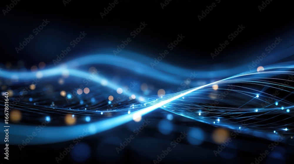 Poster abstract digital wave background with flowing glowing light lines and particles in dark blue and bla