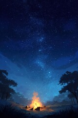 Naklejka premium Campfire under a starry night sky