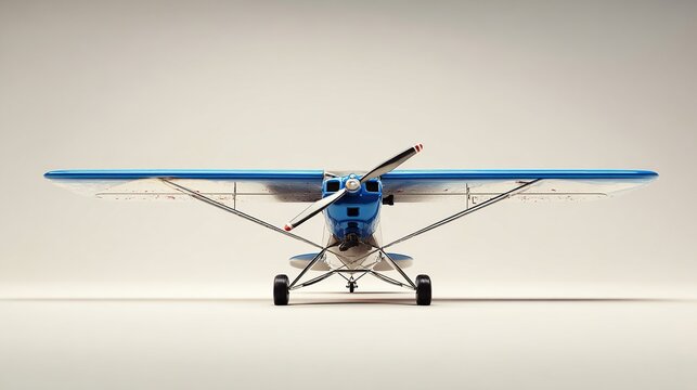 A front view of a light blue and white single-engine propeller airplane, isolated on a neutral gray background, showcasing its classic design and simple structure